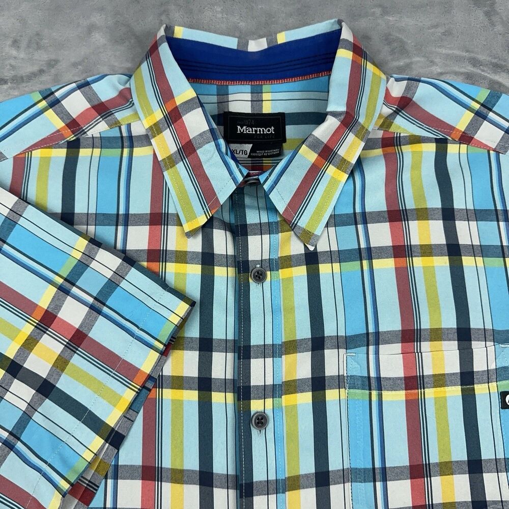 Marmot Dobson Shirt Mens Size XL Blue Plaid Short Sleeve Button Up Gorpcore
